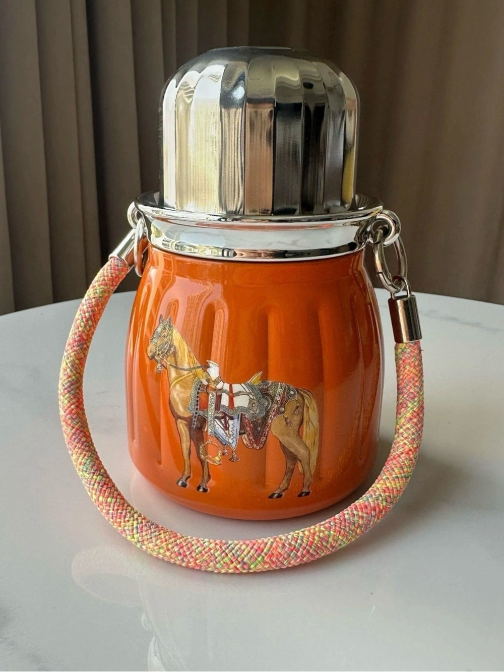 Hermes Orange Horse-Print Decorative flask with Metallic Lid - Picture 2 of 9